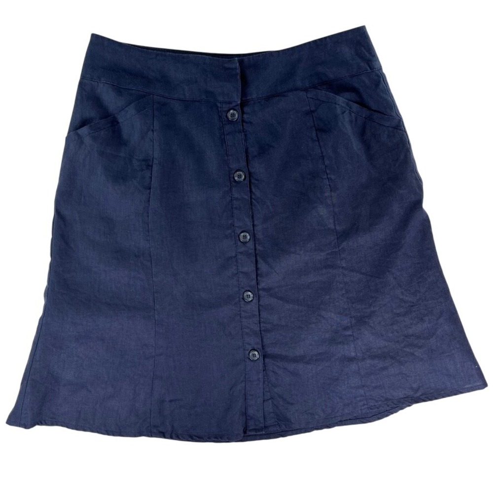 Etam 100% Linen Skirt‎ Womens US 6 Navy Button Front A-Line Lined Pockets